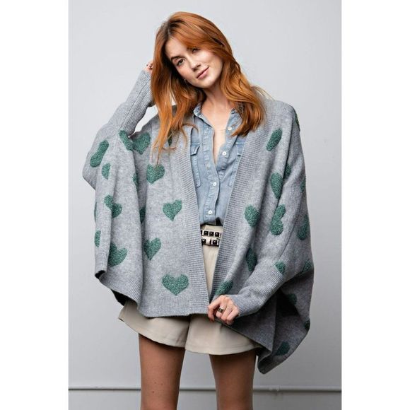 easel Sweaters Easel Heart Patterned Oversized Cardigan In Heather